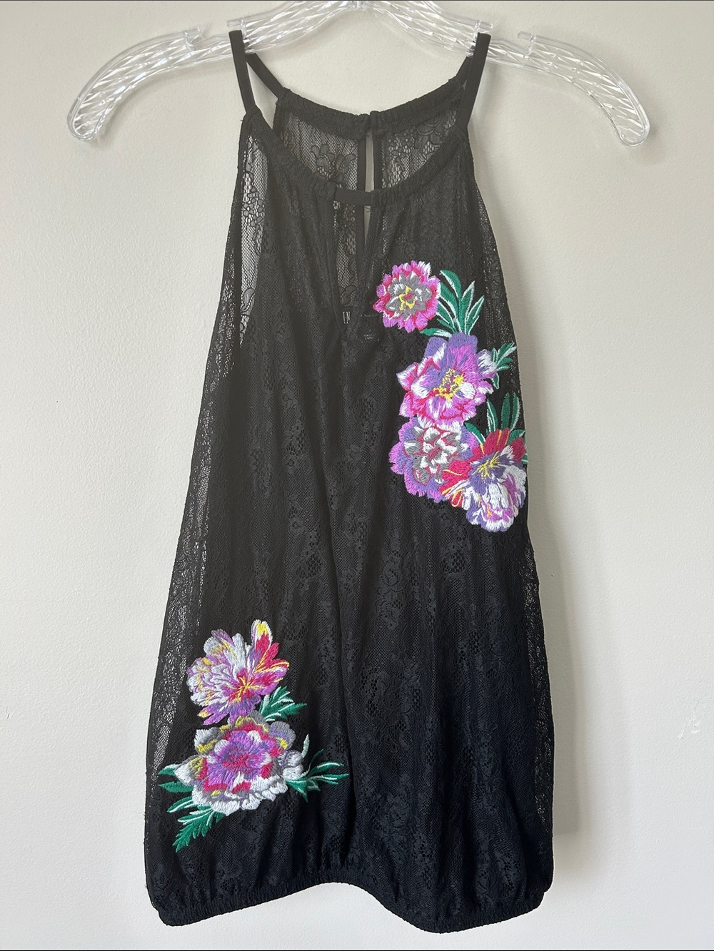 INC International Concepts Black Lace Sleeveless BubbleTop with Floral Embroider